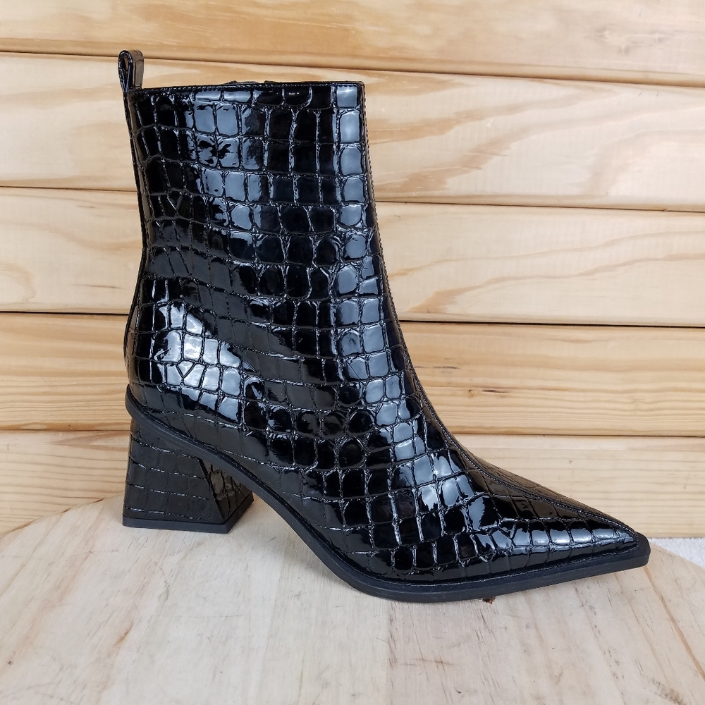 Topshop Western Black Croc Flared Heel Faux Leather Ankle Boots Booties Zip